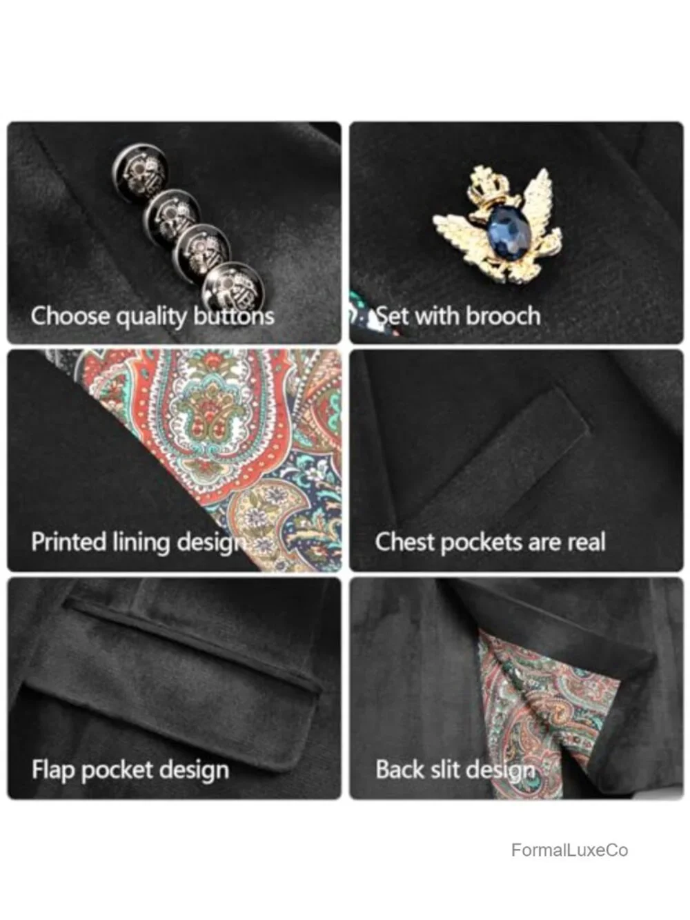 Men's Velvet Blazer Tuxedo Jacket with Brooch Slim Fit Sport Coat